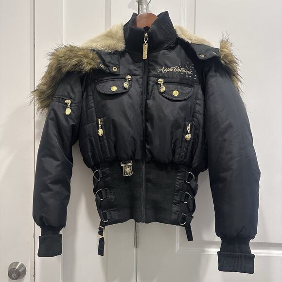Vtg Y2K Apple Bottoms Bomber Puffer Jacket Faux Fur Hood Down Filled MED 2000s - Picture 1 of 16